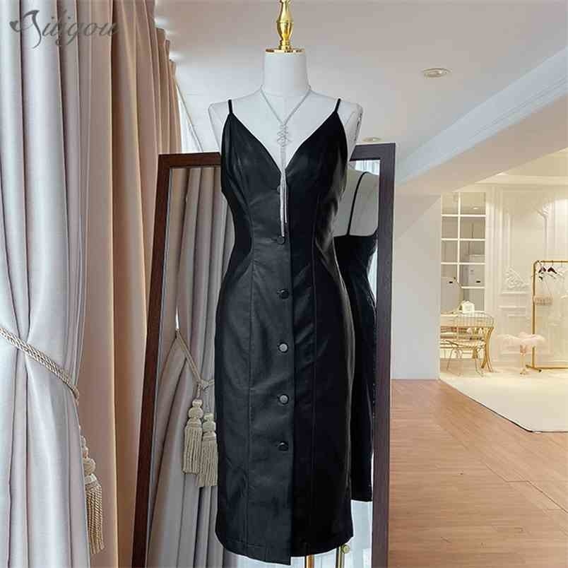 

Fashion Sling Spaghetti Strap V-neck PU Leather Sexy Dress Bodycon Sleeveless Black Party Women 210525