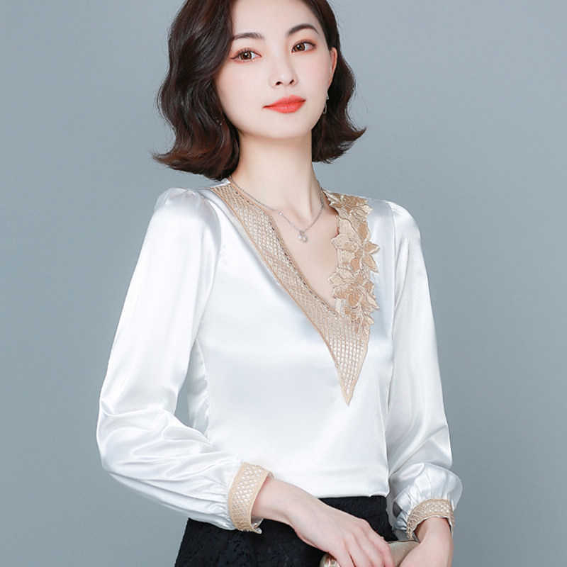 

Silk Blouse Women Long Sleeve Satin s Tops Woman Embroidery Floral Top Plus Size Elegant V-neck Shirt 210604, Blue