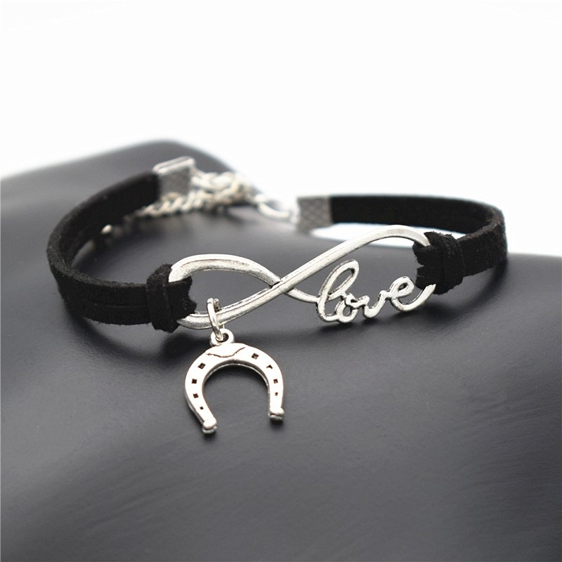 

Europe and America Popular Women's Valentine's Day Infinity Jewelry Cute Horseshoe Horse Hoof Charms Leather Bracelets, Black