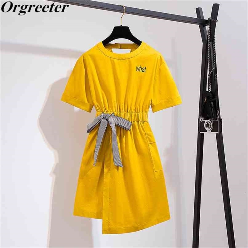 

Summer Dress for Women Simple Solid Yellow O-neck Short Sleeve Sashes Bow Straight Irregular Casual Tshirt 210602