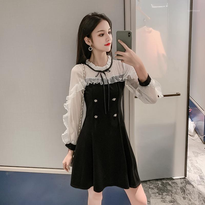 

Casual Dresses Fashion Sweet Office Dress Winter Autumn All-match Bowtie Patchwork Long Sleeve Women Mini Buttons -XXL Kawaii Robe Femme, White sleeve