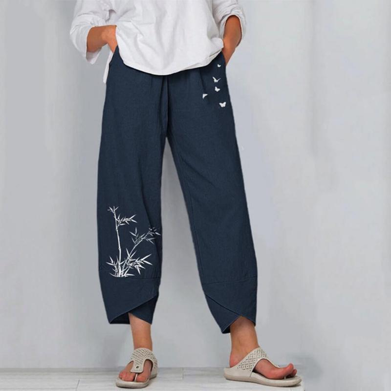 

Women's Pants & Capris Women Loose Yoga Bamboo Print Irregular Trouser Leg Pocket Wide Ninth-Length Harem Streetwear For Daily Life, Black;white