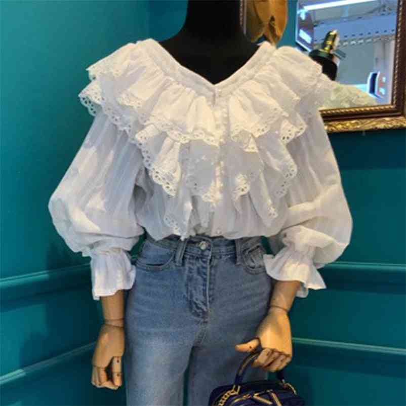 

Spring Fashion Women Long Sleeves Flouncing V Neck shirts Female Blouse Shirt A916 210519, White