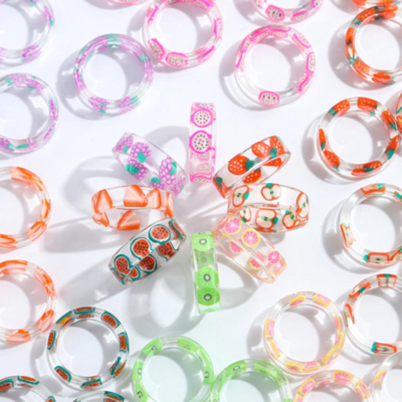 

Cluster Rings 2021 Korea Colorful Transparent Fruit Specimen Metal Geometric Irregular For Women Girls Wedding Jewelry Ring Set