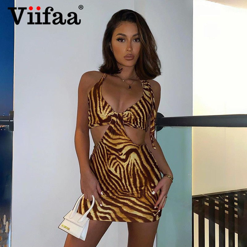 

viifaa party night women cut out bodycon print halter dress backless summer female mini length clubwearhigh quality, Black;gray
