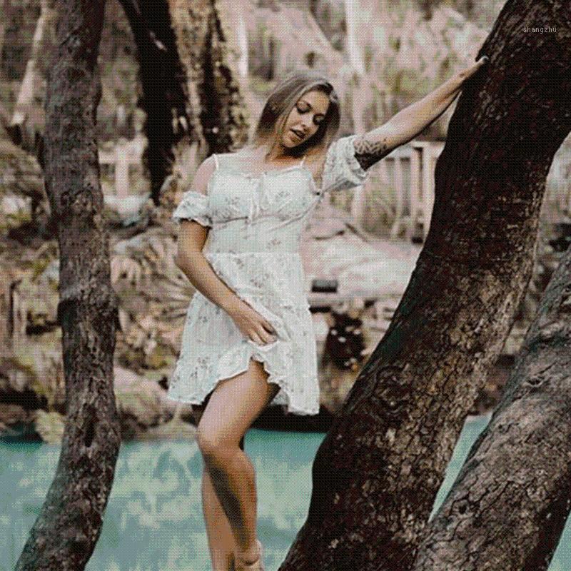 

Casual Dresses White Dress Women Bandage Summer Mini Sexy Elegant Off Shoulder Ruffle, Beige