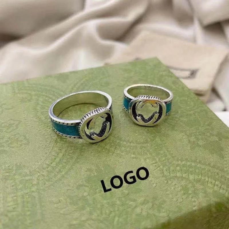 

European and American fashion personality green enamel couple ring 1:1 high-end letter G ring holiday gift with logos, Silver
