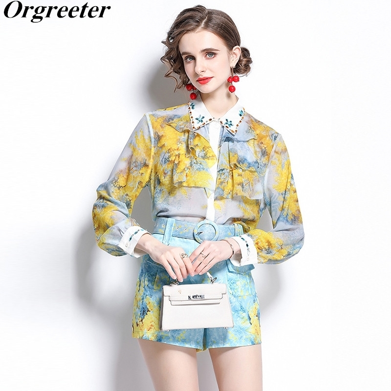 

ummer Fall Runway Designer Diamond Beading Ruffles Long Lantern Sleeve Shirts + Pocket Shorts Two piece set With Belt 210525, Yellow