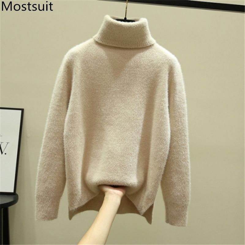 

Turtleneck Faux Marten Hair Thicken Sweater Pullover Women Autumn Winter Long Sleeve Solid Fashion Korean Tops Sweaters 210518, Pink