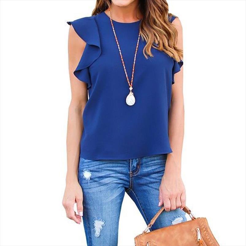

flounce shoulder sleeveless summer women shirt fashion elegant o neck slim solid white casual ruffle blouses