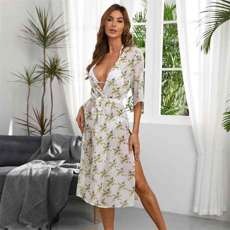 

2021 summer beach sexy perspective print dress, White