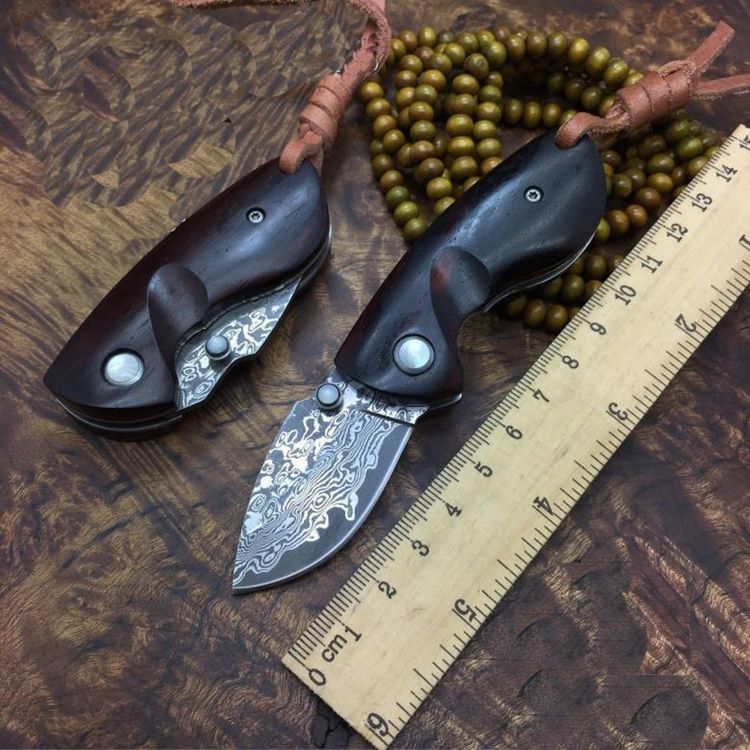

mini light weight rosewood handle damascus blade pocket folding knife