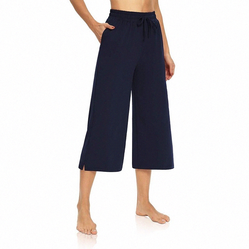 

women's Fashion Culottes Wide Leg Chinos Split Side Pockets Elastic Drawstring Design Calf-Length Pants Casual Daily Micro-elastic Plain Comfort Mid W 09Gt#, Black