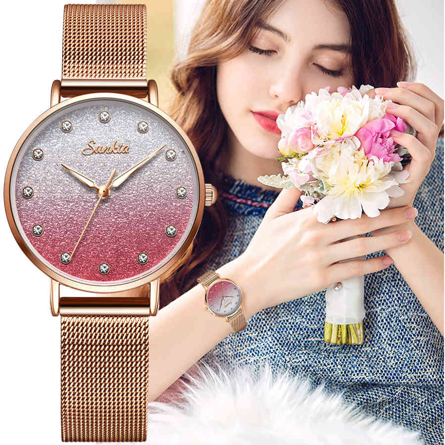 

SUNKTA Women Watches Womens Japan Quartz Movement Simple Waterproof Rose Gold Stainless Steel Mesh Ladies Watch Relogio Feminino 210517, Red