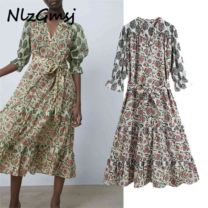 

Midi Dres Vintage Summer Long Dresses Woman Fashion Elastic Ruffle Puff Sleeve Ladies 03 210628, As picture