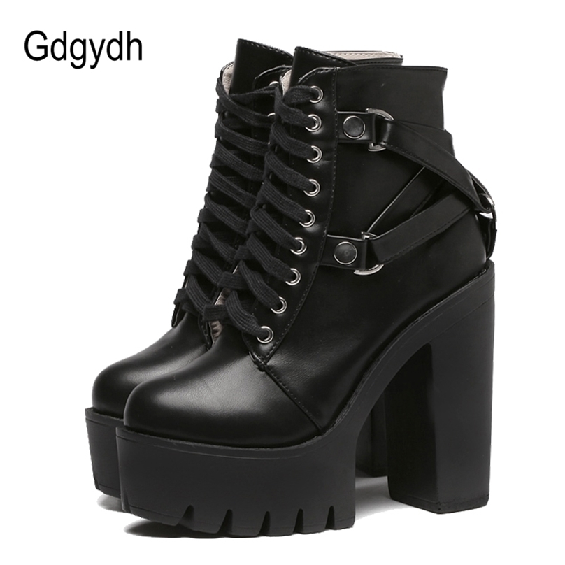 

Gdgydh Fashion Black Boot Heel Spring Autumn Lace-up Soft Leather Platform Shoes Woman Party Ankle High Heels Punk 211105, Black shoes
