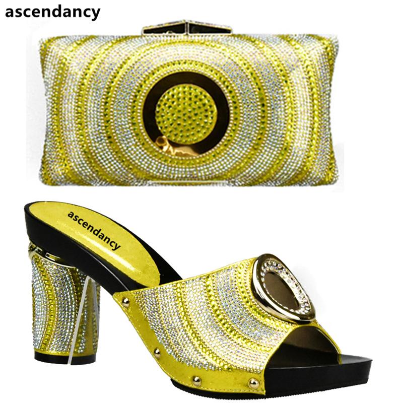 

Latest Yellow Italian Shoes And Bags To Match With Bag Set Decorated Rhinestone African Sets 2021 Dress, Black