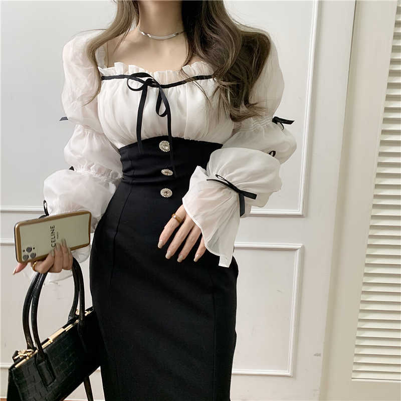 

French Style Spring Women's Dress Office Lady Elegant Chiffon Patchwork Bow Square Collar Lantern Sleeve Slim Fashion Dresses 210526, Photo color