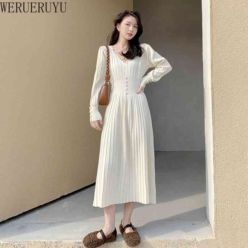 

WERUERUYU Autumn Korean Knitted Women Long Pleated Dress Women Long Sleeve A-line Dresses Elegant Ladies 210608, Photo color