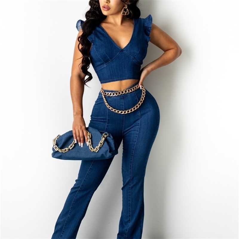 

Deep Blue Women Sets Pants And Top Elegant Denim Short Sleeve Crop Tee Tunic High Waist Flare Leg Pant Trousers Party Night Wear 210525