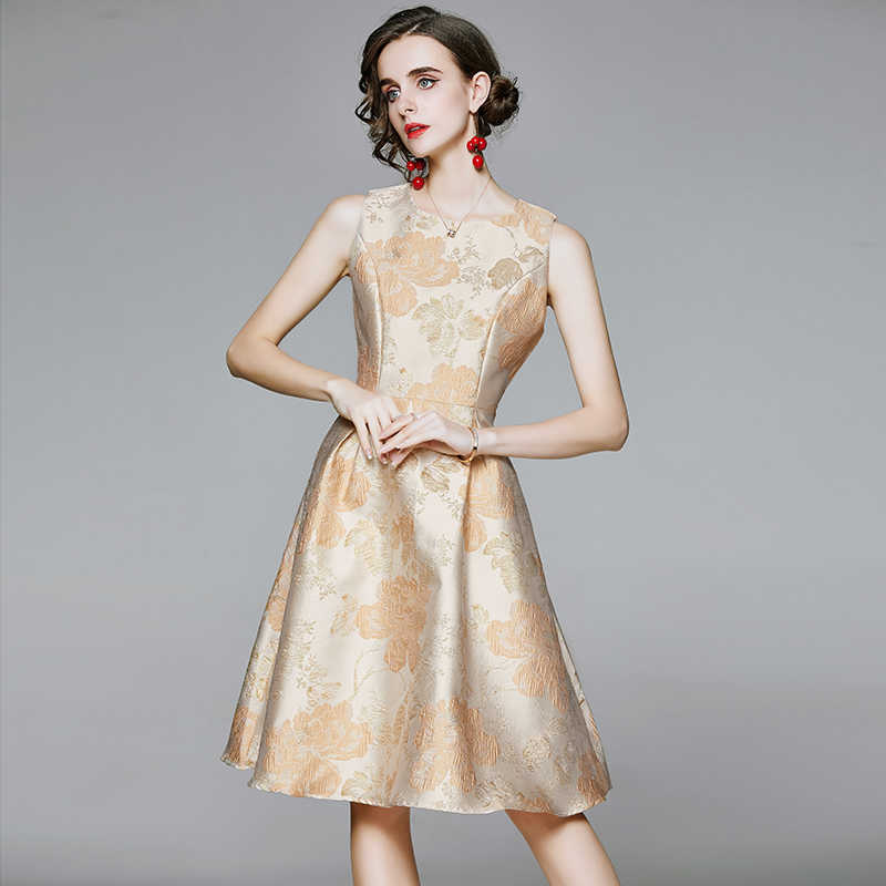 

Women Autumn Luxury Jacquard Dress Sexy Festa High Quality Cocktail Party Robe Female Vintage Sleeveless Dresses Vestidos 210525, Champagne