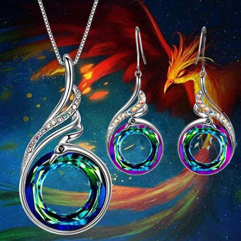 

Earrings & Necklace Luxury Peacock Phoenix Lucky Bird Pattern Inlaid With Colored Rhinestone Crystal Hanging Earring Women's Party Jewelry, Silver