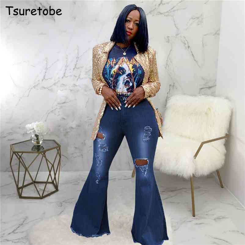 

Tsuretobe Autumn Plus Size Flare Pant Ripped Jeans Fashion High Waist Wide Leg Casual Bell-Bottoms Trousers 210629, Dark blue