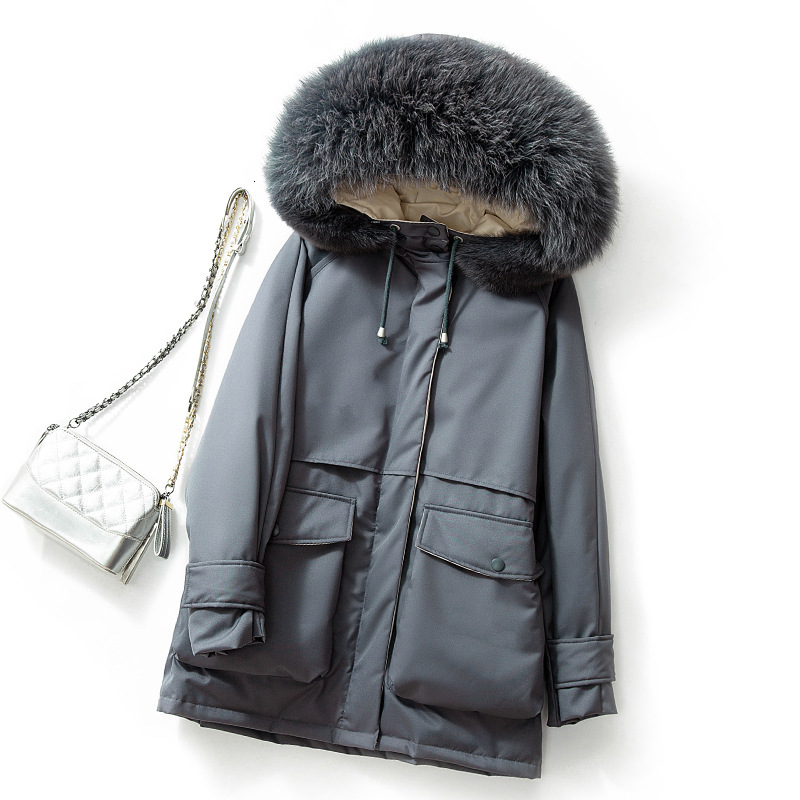 

2021 New Winter Women Big Natural Fox Fur Collar Jacket Hooded 90% White Duck Down Parkas Thickness Warm Sash Tie Up Snow Coat 2Z00, Black