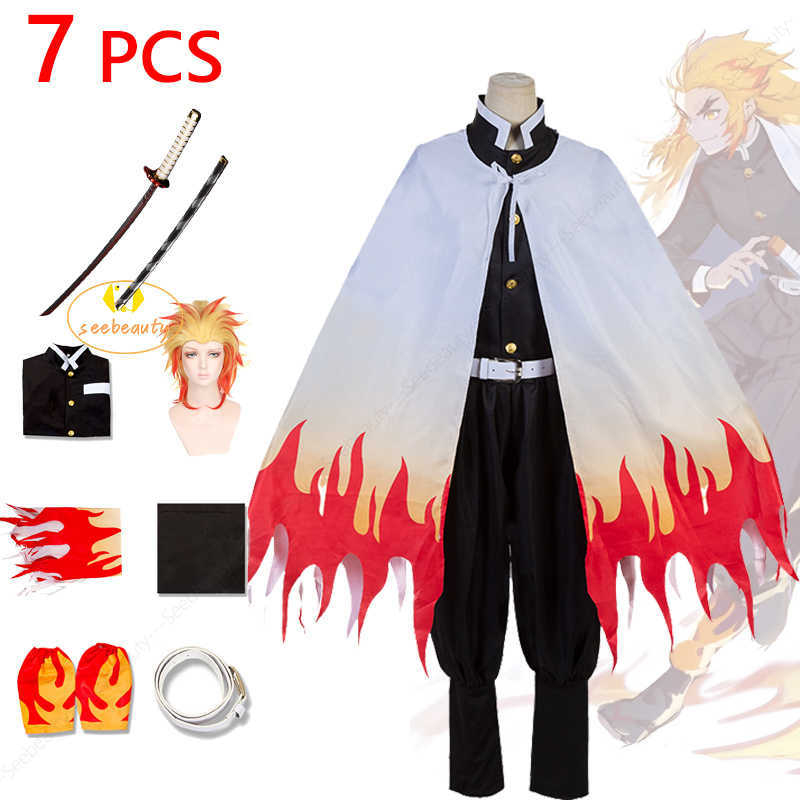 

Anime Train Mugen Rengoku Kyojuro Cosplay Costume Kimetsu No Yaiba Demon Slayer Adult Kids Wig Katana Sward Cosplay Outfit Y0903, Wig only(one size)