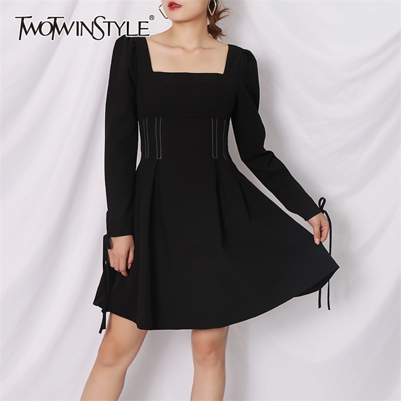 

Elegant Bowknot Black Dress For Women Square Collar Long Sleeve Hollow Out High Waist Mini Dresses Female 210520