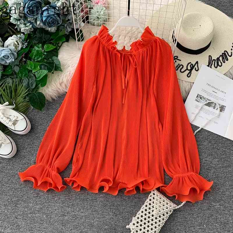 

Gaganight Elegant Fashion Women Blouse Solid Long Sleeve V Neck Ruffles Korean Shirt Office Lady Chic Loose Chiffon Blusas Tops 210519, Red
