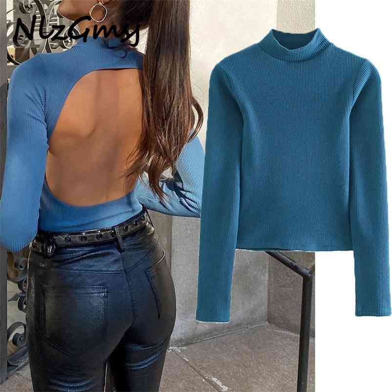 

Sweater Women Fitted Knit Sexy Backless High-Neck Top Casual Chic INS Style Woman Elastic Slim-fit Knitted Halter 210628, As picture