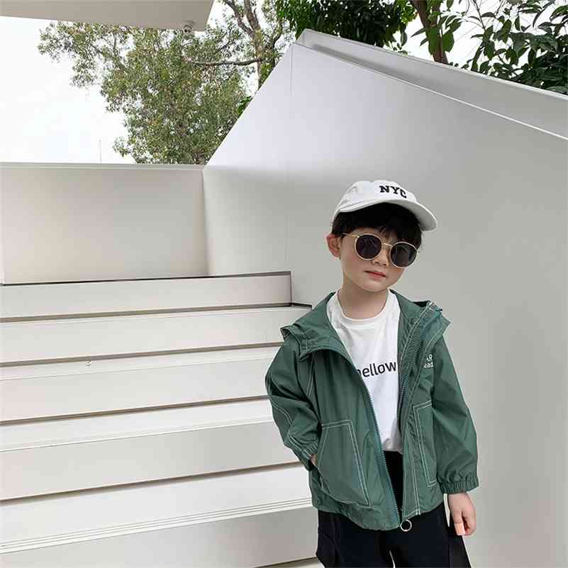 

Spring fashion boys letters embroidery hooded jackets children thin solid color zipper loose Outdoor coats 210708, Army green