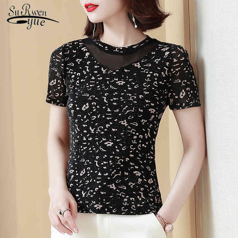 

Korean Fashion Clothing Short Sleeve Print Shirt Women Elegant Plus Size Office Lady Blouse Mesh Tops Blusas 9156 50 210521, Photo