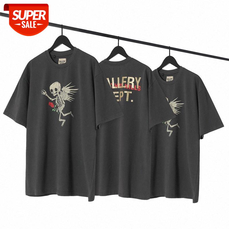 

GALLERY DEPT Angel skull print distressed short-sleeved LOGO T-shirt with bronzing on the back #h12a, White;black