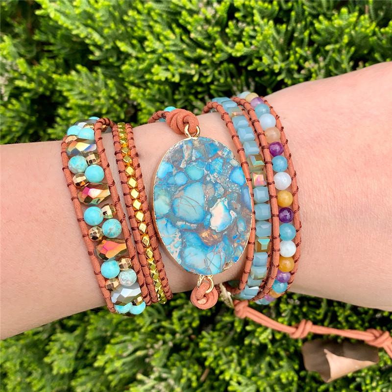 

Tennis Design Boho Stone Wrap Bracelet Weave 5 Layers Leather Support Drop Woven Bracelets Bohemian