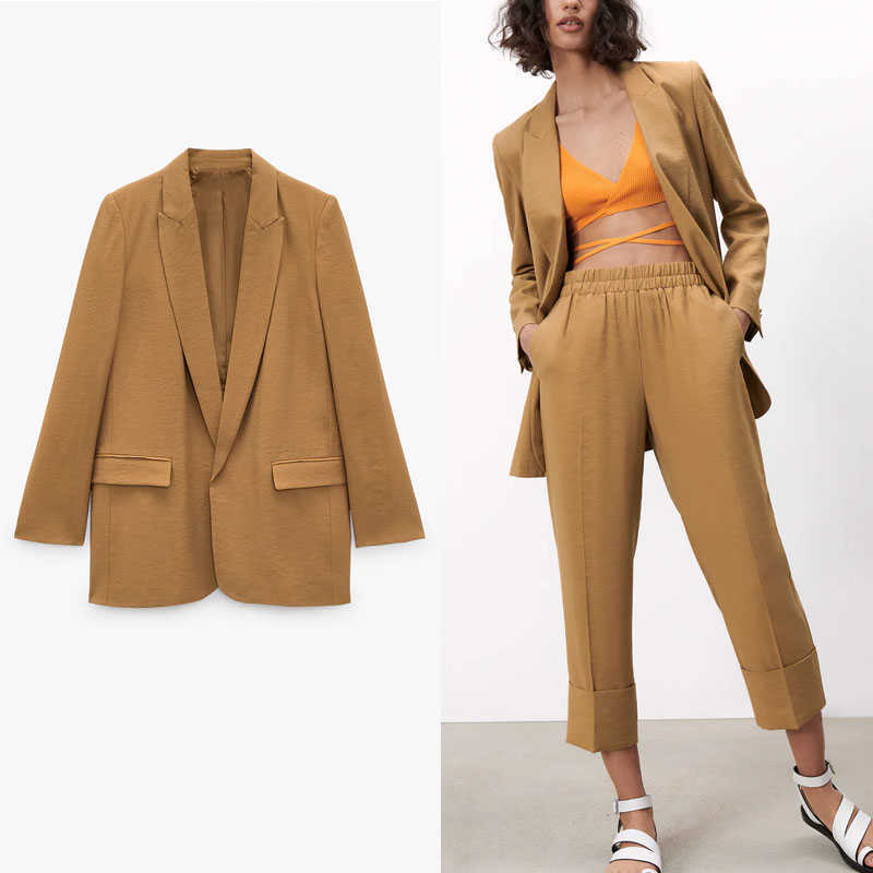 

Za Open Front Blazer Women Long Sleeve Pronounced Shoulders Vintage Office Lady Blazers Coat Woman Flap Pockets Outerwaer 210602
