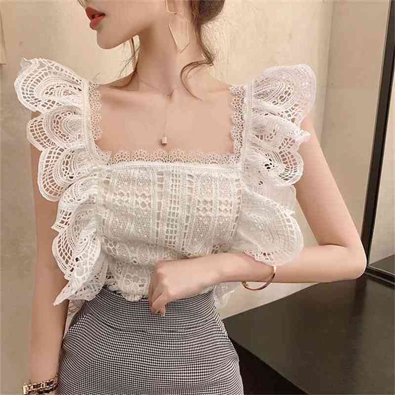 

Summer Women Sweet Hollow Out Tops Ladies White Sexy Sleeveless Ruffled Blouses Lace Top Shirt 210719