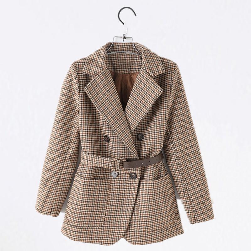 

Women' Jackets Elegant Women Houndstooth Jacket Suits Coat Double Breasted Long Sleeve Office Female Plaid Chic Belt, Picture color