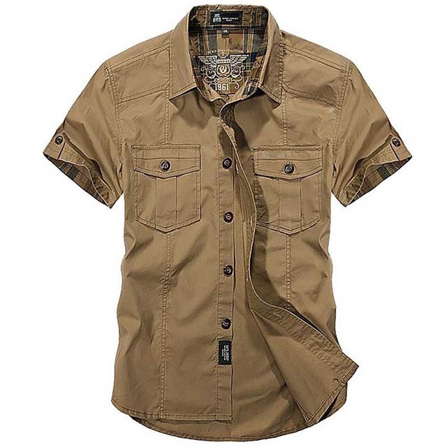 

Fashion Cotton Casual Shirts Summer Men Plus Size Loose Baggy Shirt Short Sleeve Turn-down Collar Military Style Male Clothing, Khaki