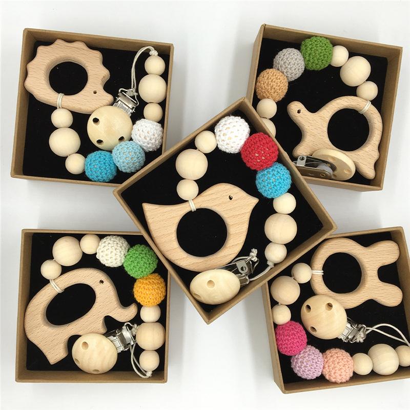 INS Wood dummy clip Beech Animal cartoon Pendant pacifier holder Newborn baby Dummy clips Wooden teether Pacifier Clip Teething Toy-image-735480824
