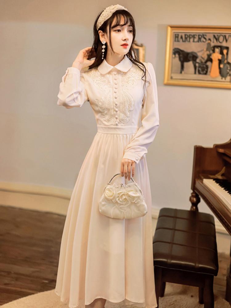 

Casual Dresses SWEETXUE French Girly Temperament Dress Lapel Single Breasted Embroidered Long Sleeve High Waist Chic Women, Photo color