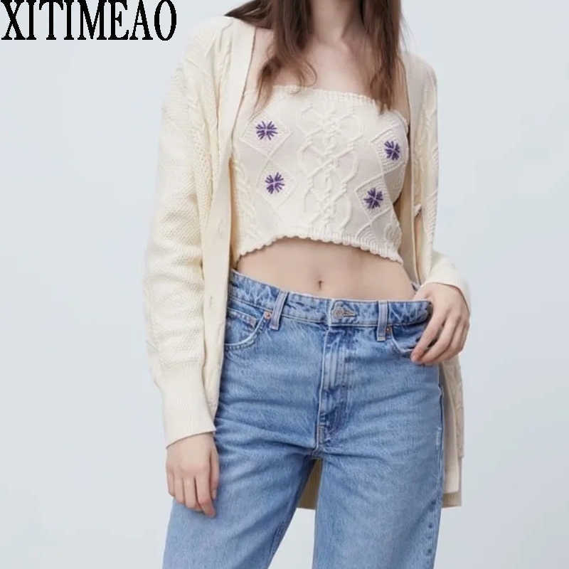 

ZA Women Embroidered Knitted Cardigan Vintage Long Sleeve Sweater+Knitted Chest strap Top 2-piece Set XITIMEAO 210604, Vest