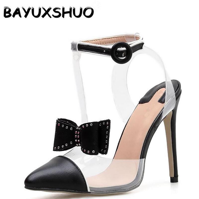 

Women Sandals Bow Pointed Toe High Heel Fashion Sexy Ladies PVC Buckle Party Naked Feet Cute Sweetheart Shoes, Black