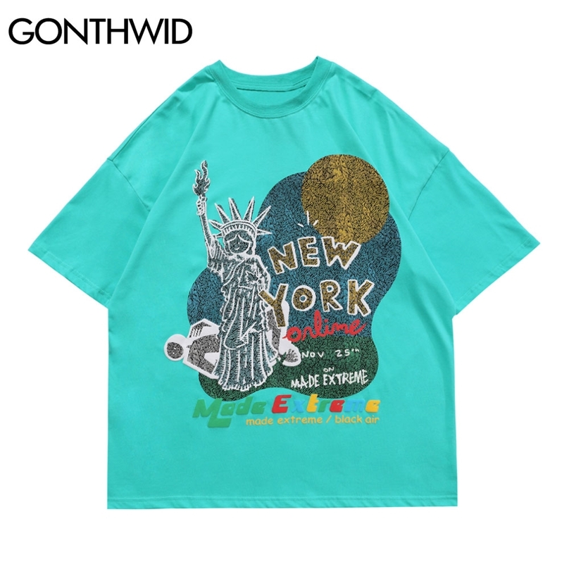 

T-Shirts Streetwear Funny Statue of Liberty Short Sleeve Oversized Tshirts Men Hip Hop Harajuku Casual Cotton Tees Tops 210602, Green