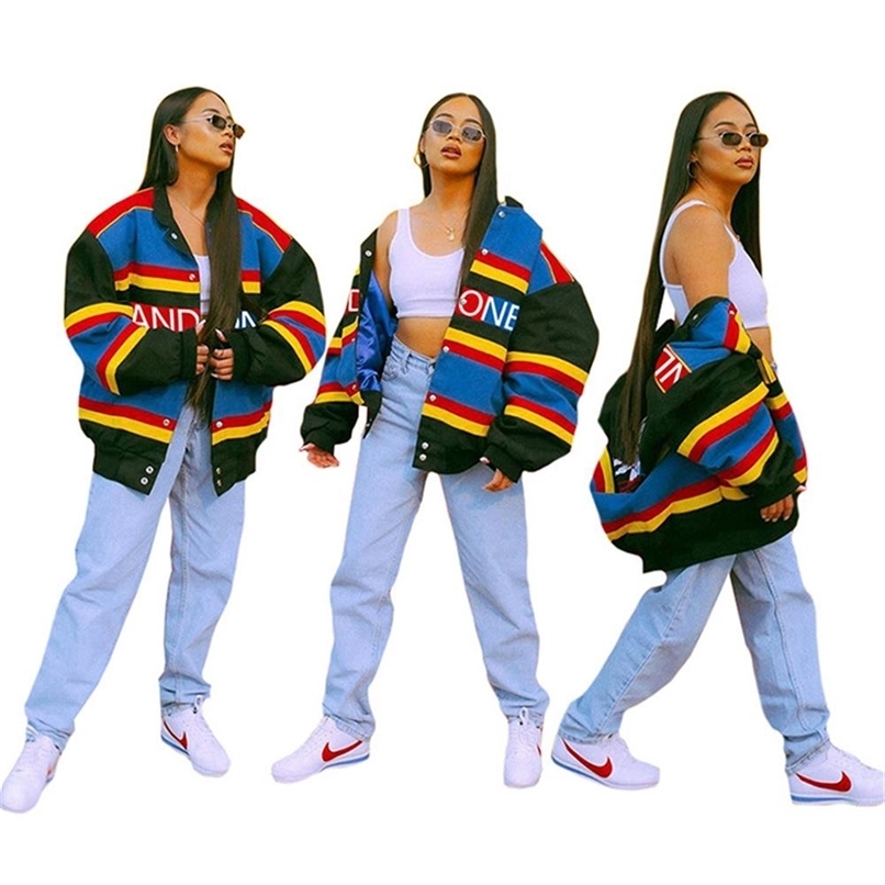 

Letter Striped Harajuku Loose BF Style Coat Women Long Sleeve Single-Breasted Outwear Cool Girls Sporty Jackets Tops Wholesale 210525, Multi