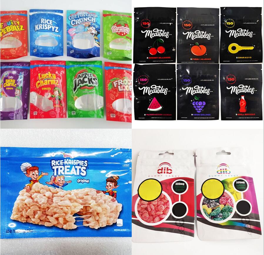 

INFUSED TREATS 500mg packing bags Caramel Fruity Pebblez candy gummies Lucky Mylar charmz medilles TRRATS edibles