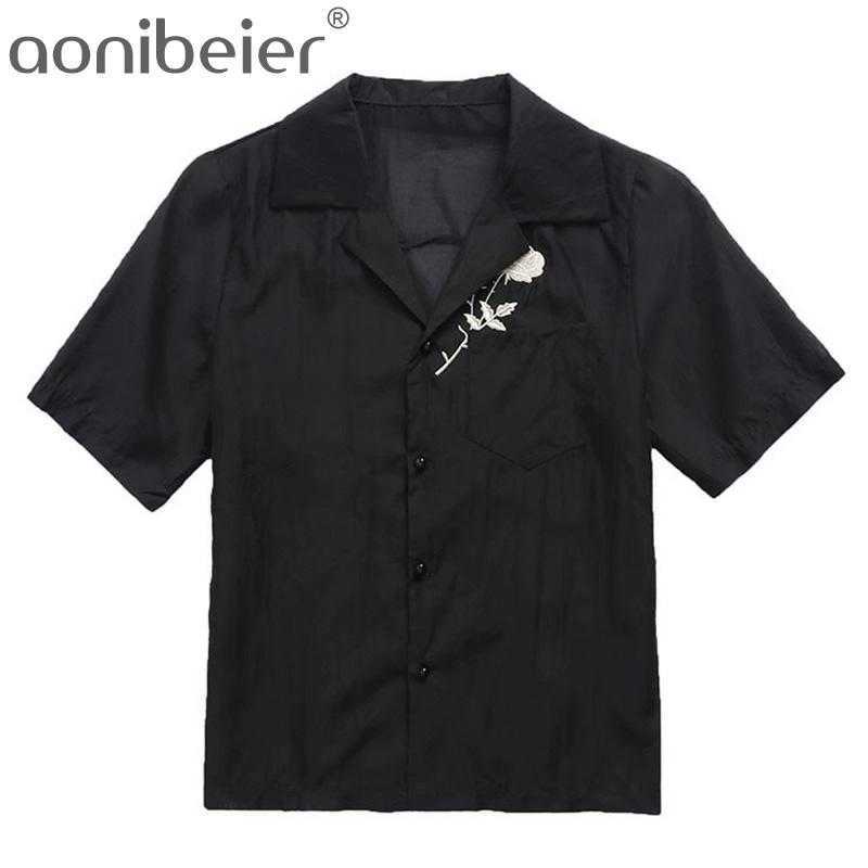 

Lightweight Semi-Transparent Black Tops Summer Fashion Short Sleeve Rose Embroidery Shirt Notched Collar Women Blouses 210604