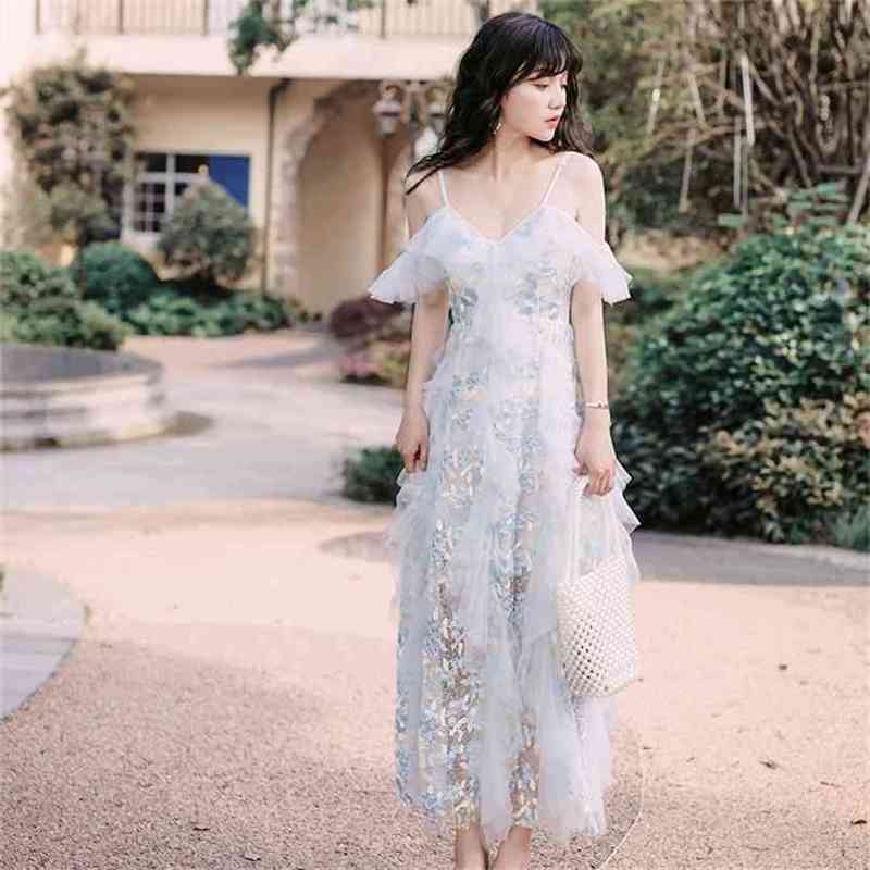 

Evening Ankle-Length Voile Dresses Ladies Party Vintage Embroidery Long Women Off The Shoulder Summer 210603, Blue