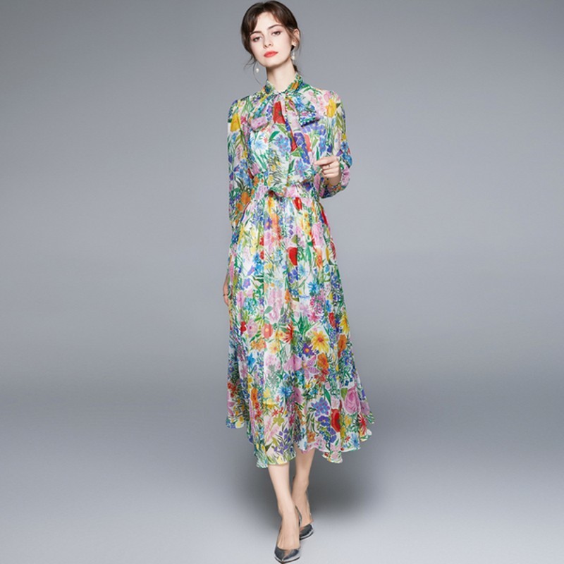 

LLZACOOSH Runway Designer Pleated Maxi Summer Women Elegant Flower Print Bow Neck Vintage A Line Chiffon Long Party Dresses 210514, Picture color